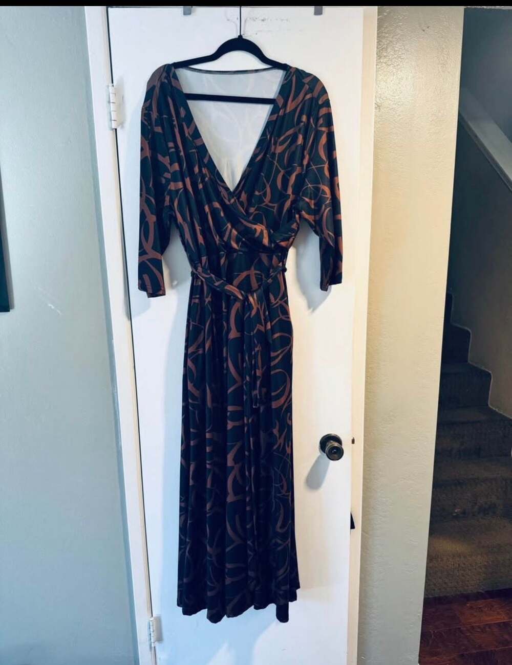 Shein Black Gold Geometric Print Long Sleeve Belted Dress Womens Size 2XL